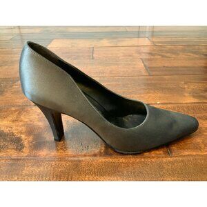 Salvatore Ferragamo Gray Satin Square Toe High Heels, Size 7.5